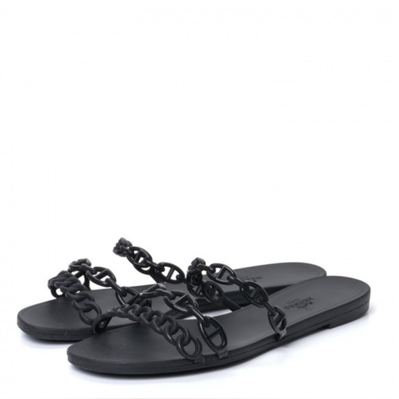 Hermès Black Rubber Chaine d'Ancre Rivage Sandals Size 39 - Picture 1 of 13